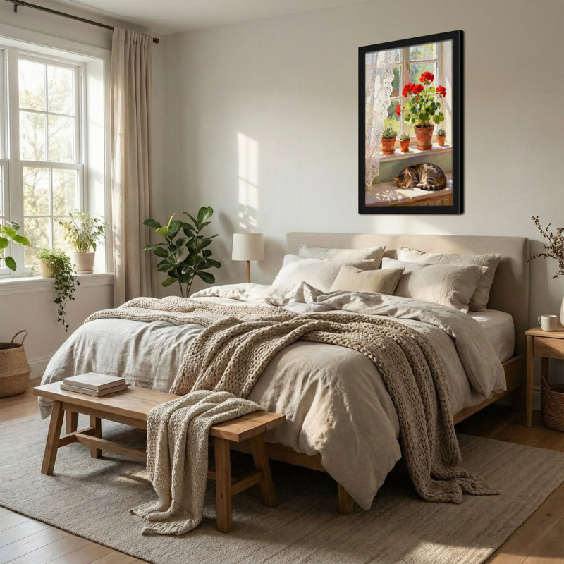 Plantes et fleurs, fenêtre ensoleillée, chat dormant avec des fleurs, H 24 po x l 16 po