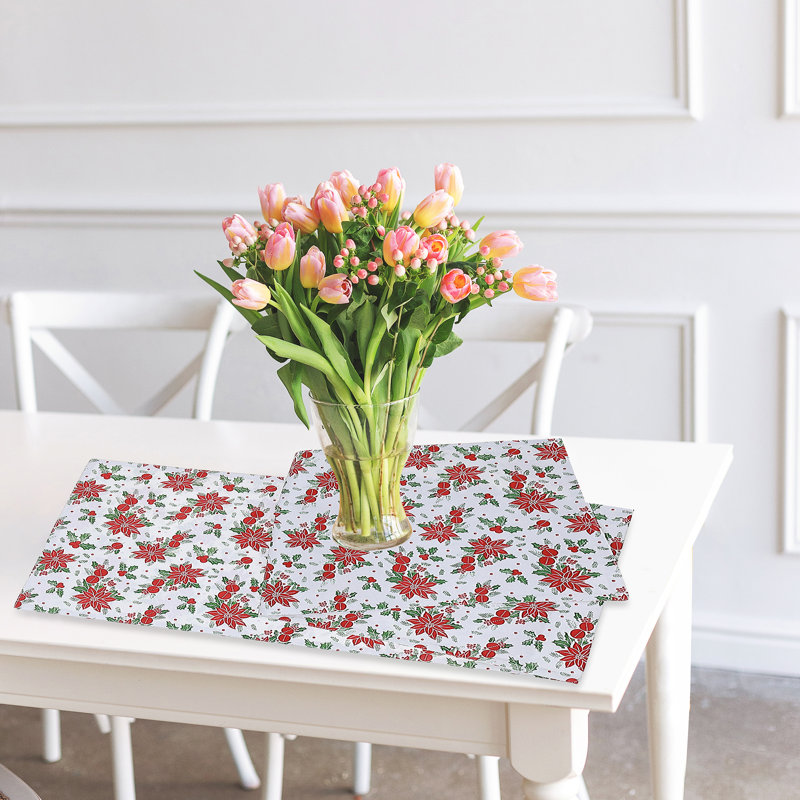Festive Red Poinsettia Cotton Table Runner Set