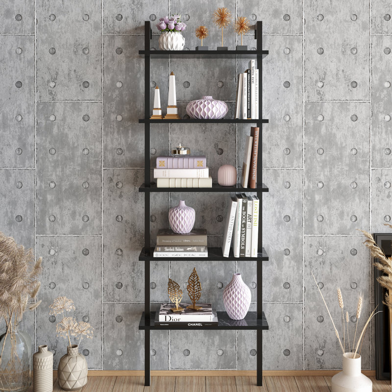 Rother Ladder Bookcase, Black/Black Marble
