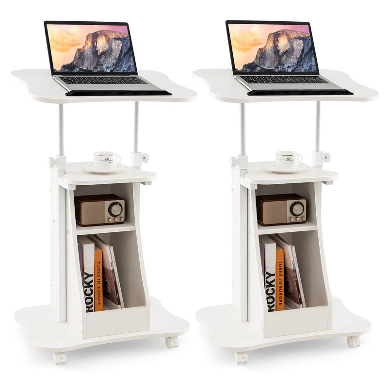 Gymax 2pcs Sit-to-stand Laptop Desk Cart Rolling Mobile Height Adjustable W/ Storage