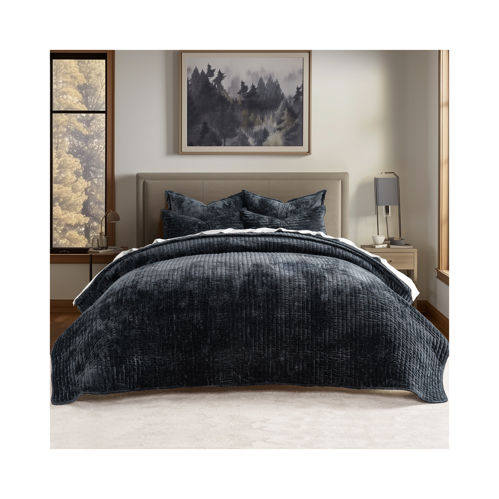 Luxe Velvet Channel Quilt Set, Black, Queen