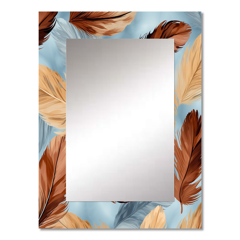 Retro Boho Feathers In Blue And Orange II - Feathers Wall Mirror, Brown Decorative Mirror, Printed Metal Art, 32" x 24"