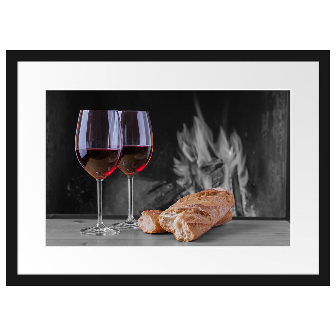 Gerahmtes Poster Baguette Wein Picknick