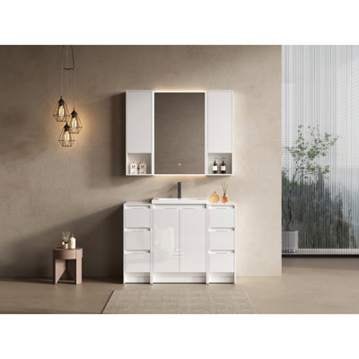 Meuble-lavabo autoportant de 48 po avec lavabo en résine, deux sections de rangement, armoires murales, fermeture en douceur, contreplaqué blanc brillant pour une conception améliorée