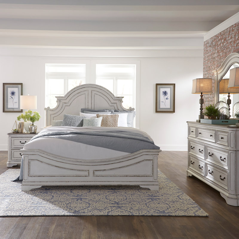 Colchester King Panel Bed, Dresser & Mirror, Two Nightstand Bedroom Set, King, Antique White