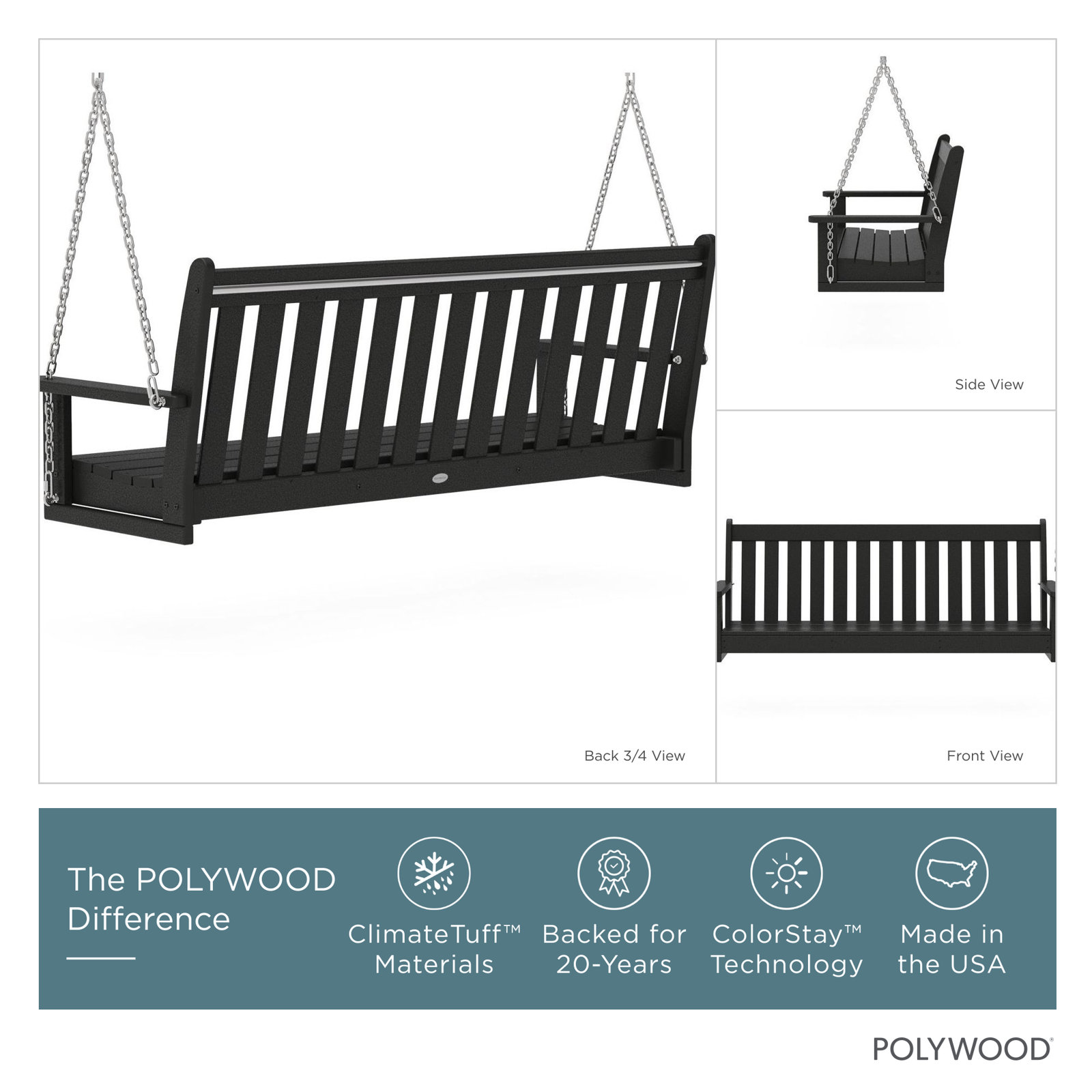 POLYWOOD® Vineyard Porch Swing, Black