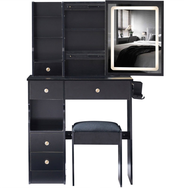 Petit meuble-lavabo de 29,2 po avec tiroir à gauche + tabouret rembourré, 2 blocs d'alimentation CA + 2 ports USB, support pour sèche-cheveux, très grand miroir coulissant à commande tactile à DEL, réglage de la luminosité tricolore, réglage de la luminosité
