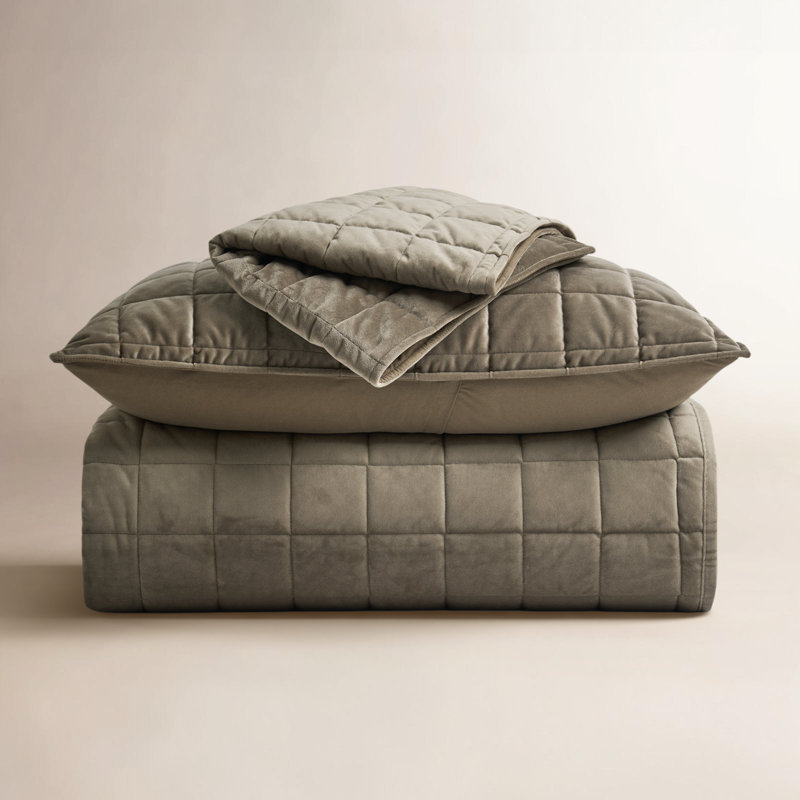 Box Stitch PearlVelvet Quilt set, Mocha Brown, Queen Quilt + 2 Standard Shams