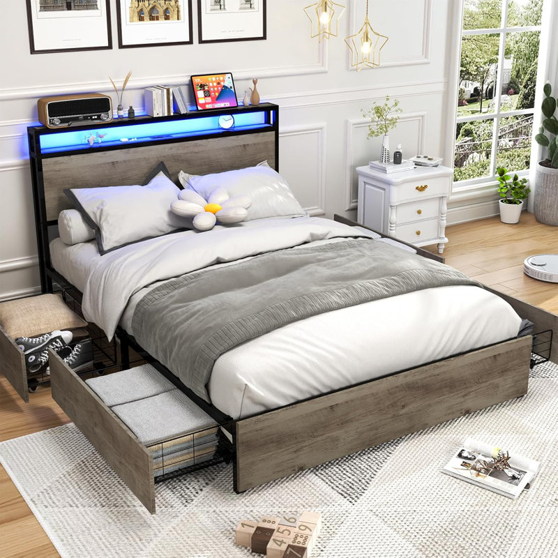 Modern Full/Queen Bed Frame With LED Lights, Storage Drawers, And Charging Station – Available In Brown And Gray, Gray, Full