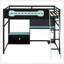 Lit mezzanine double en bois avec bureau, tablettes, lumières DEL, ports USB et panneau perforé, noir et bleu-129747079