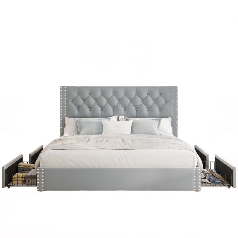 Upholstered King Platform Bed Frame With Headboard&Storage, Bluish Grey