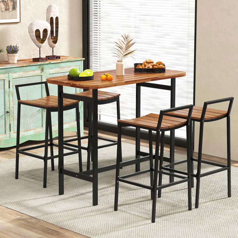17 Storeys 5 Pcs Acacia Wood Bar Table Set Outdoor Bar Height Table & Chairs With Metal Frame