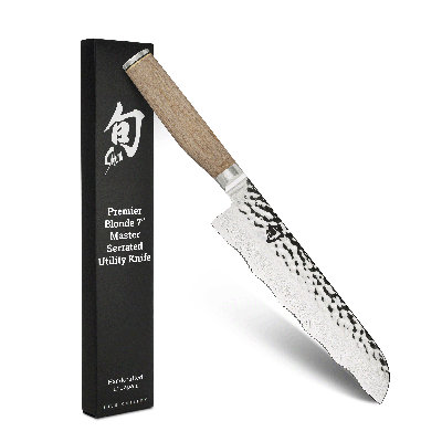 Shun Premier Blonde 7" Master Serrated Utility Knife, Handcrafted Japanese Knife, VG-MAX Core with Damascus Stainless Steel Cladding, Pakkawood Handle, Precision and Sharpness