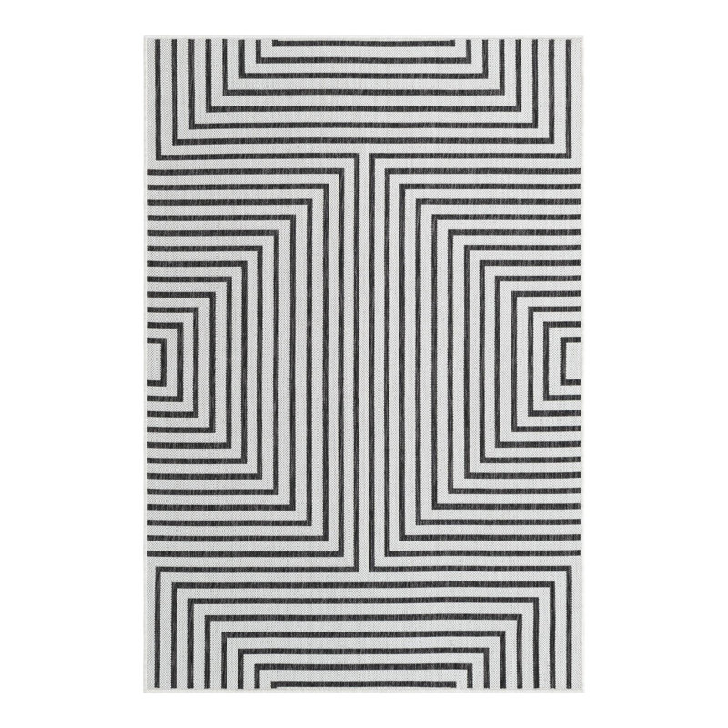 Tapis intérieur / extérieur en polypropylène géométrique tissé à la machine blanc / noir, Rectangle 4 pi 1 po x 6 pi 1 po
