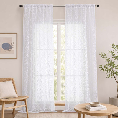 Furman Extra Long Sheer White Curtains 96 inches Long for Bedroom Living Room 2 Panels Set, Light Filtering Soft Semi Sheer Jacquard Clip Farmhouse Curtains Rod Pocket Design, 42Wx96L inch
