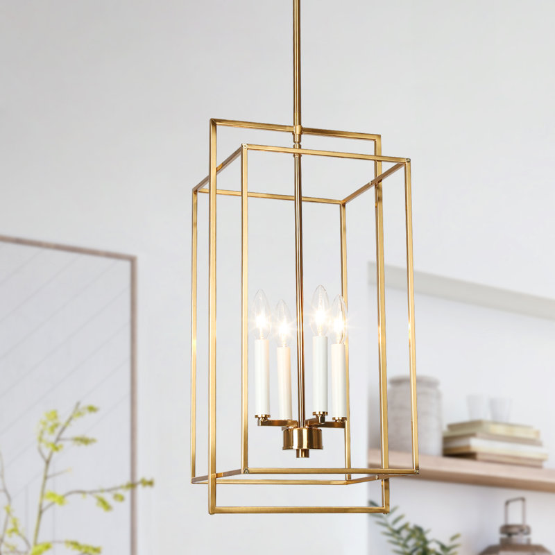 Conlyn 4-Light Dimmable Geometric Chandelier with Open Cage and Square Lantern for Foyer, 24.4" H x 11.2" W x 10.6" D, Brass