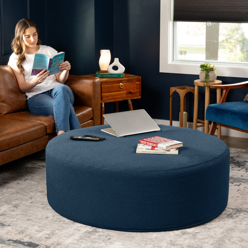 Natacia Round Couch Ottoman – Oversized Giant Coffee Table & Foot Rest, Luxe Boucle, Navy, 16" H x 44" W x 44" D