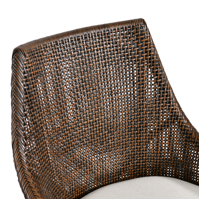 Contoured Rattan Wrapped Back Upholstered Arm Accent Chair