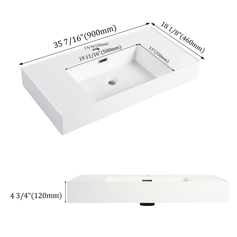 Résine de lavabo pour salle de bain 36 po, blanc brillant, profondeur 35 po, largeur 17,76 po, hauteur 4,63 po, 47,1 lb, bassin en résine résistant aux égratignures et à la saleté, P x P H et résistance
