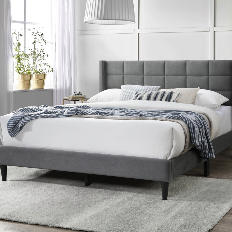 Linen Bed with Tufted Headboard, Gris, Grand lit