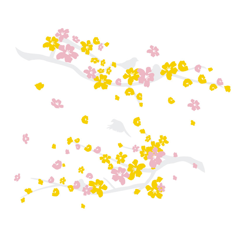 Décalcomanie murale petites fleurs de cerisier, 34" H x 41" lx 0.01" D, Gris / rouge / jaune