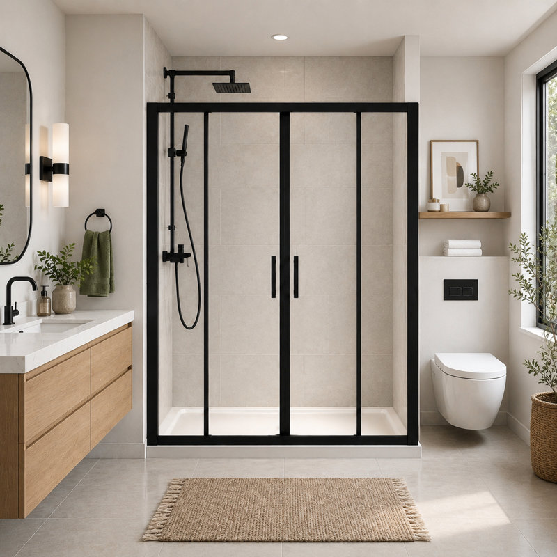 Porte de douche coulissante à double cadre 60 po x l 72 po avec verre trempé clair de 1/4 po (6 mm), finition noir mat