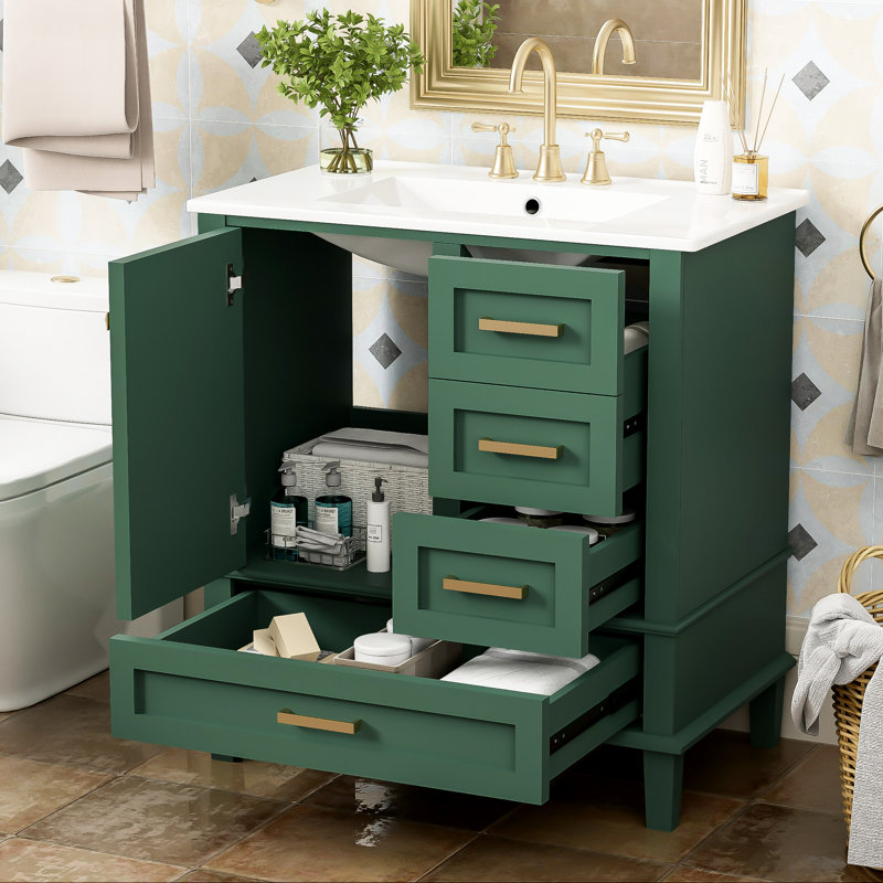Meuble-lavabo de 30 po - Armoire moderne avec lavabo. Bois massif, porte à fermeture en douceur, 3 tiroirs. Comptoir en céramique. Élément gracieux. Armoire de rangement au design élégant. Structure en bois, tiroirs et porte lisse
