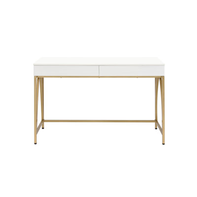 Élégant bureau blanc brillant avec pieds dorés et 2 tiroirs de travail