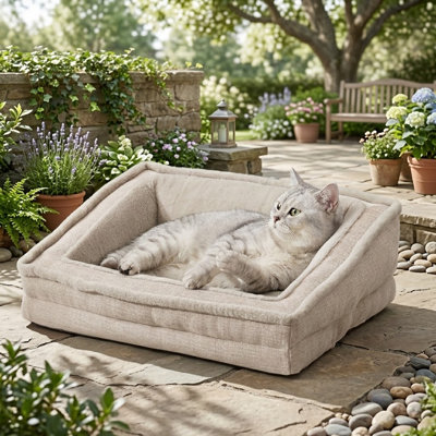 Coussin pour chat pour animaux de compagnie, lit d'intérieur pour chat lavable, canapé de soutien moelleux pour chien et chaton, base antidérapante, 24 po, beige