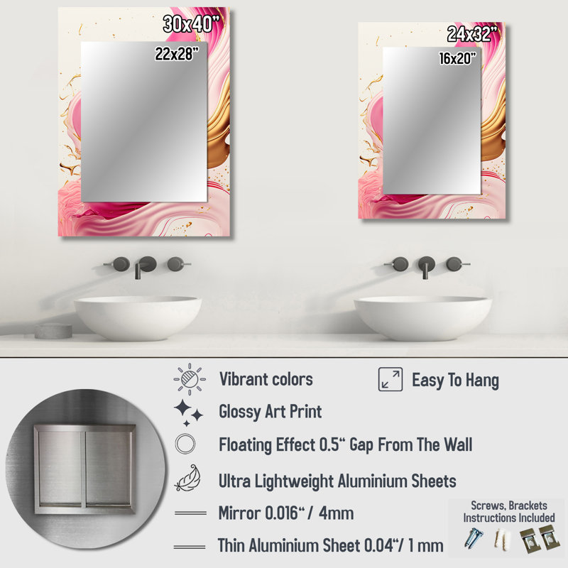 Bold Pink And Gold Flow Art II - Abstract Spirals Unique Wall Mirror, Pink Mirror, Printed Metal Art, 40" x 30"