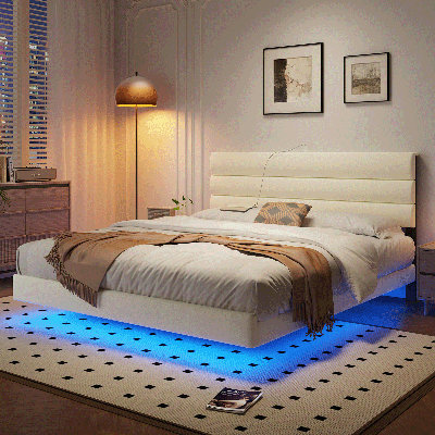 Base de lit plateforme, lit à lumières DEL avec tête de lit tapissier avec station de charge, sommier à lattes, aucun sommier requis,
