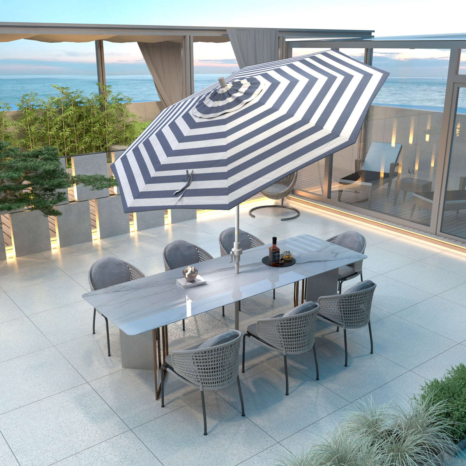 Calline 9' Umbrella, Navy White Cabana Stripe