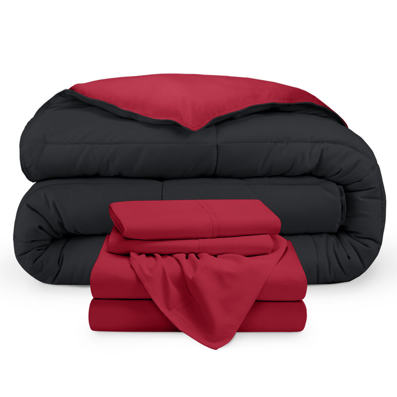 Lit dans un sac réversible en microfibre, Noir / rouge, rouge, Édredon grand et 2 taies d'oreiller