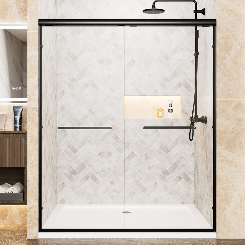 Double Sliding Shower Door 60" Wide By 72" High, 1/4" (6Mm) Clear Tempered Glass, Matte Black Aluminum Frame, Dual Stainless Steel Handles, Adjustable Width Between 56" - 60", Water Proof Feature For