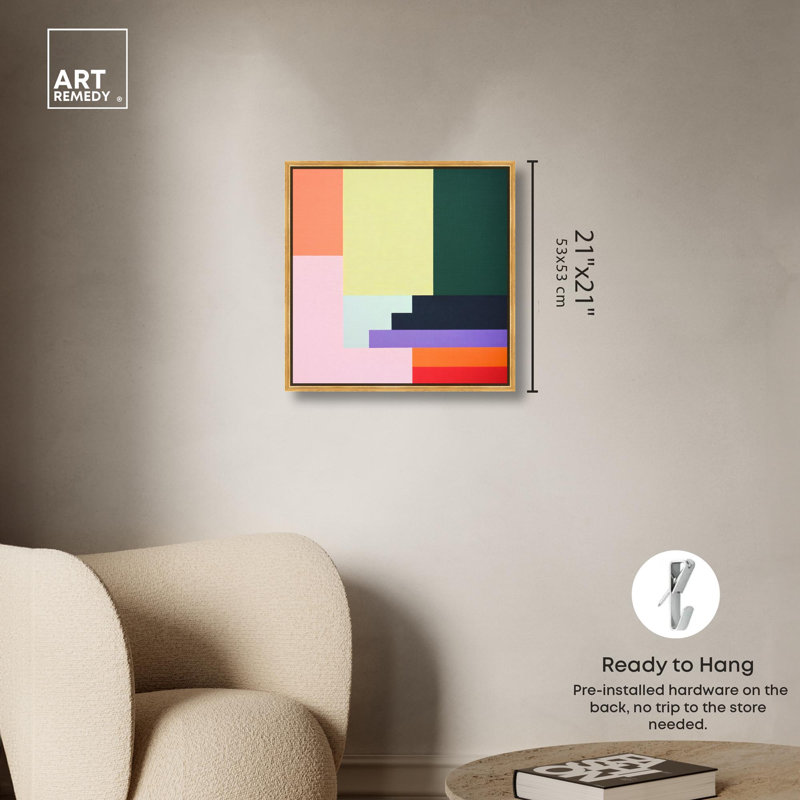 Art géométrique moderne sur toile rectiligne Rhapsody II par Art Remedy, H 21 po x l 21 po, Cadre flottant doré