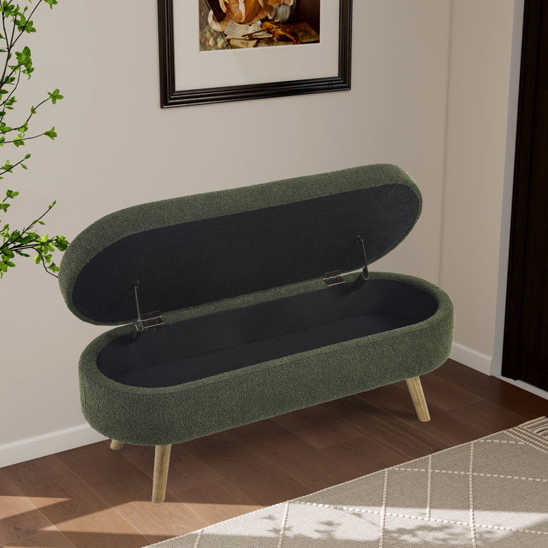 Banc de rangement à couvercle rabattable de 43,48 po avec pieds en bois massif, Vert