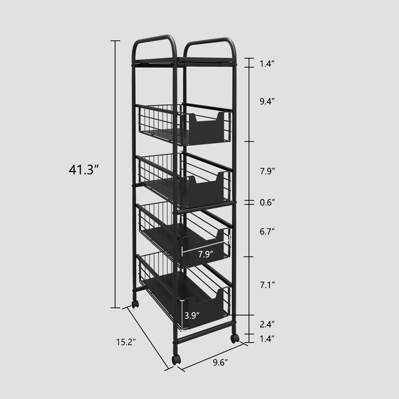 Metal Rolling Utility Cart with Wheels, 41''x15''x10'', 41.3" H × 9.6" W × 15.2" D