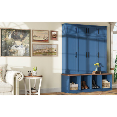 Arbre d'entrée Farmhouse avec 4 crochets cachés, banc en noyer, armoire à chaussures à 8 portes et compartiments ouverts pour le hall d'entrée