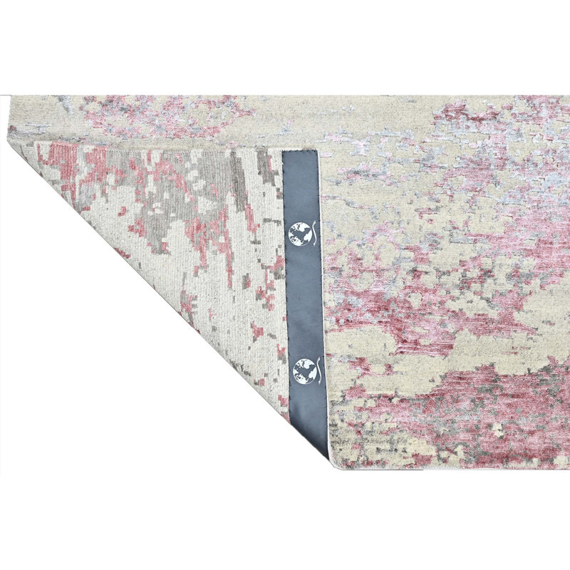Hand Knotted Abstract Area Rug in Beige/Pink/Light Gray, Rectangle 6' x 9'