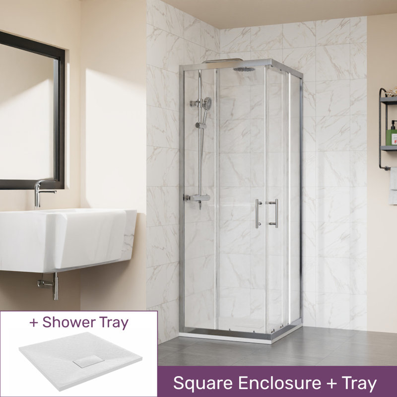 Savicky Sliding Door Slate Effect Square Shower Enclosure with Tray  1900 x 700 mm, White, Chrome