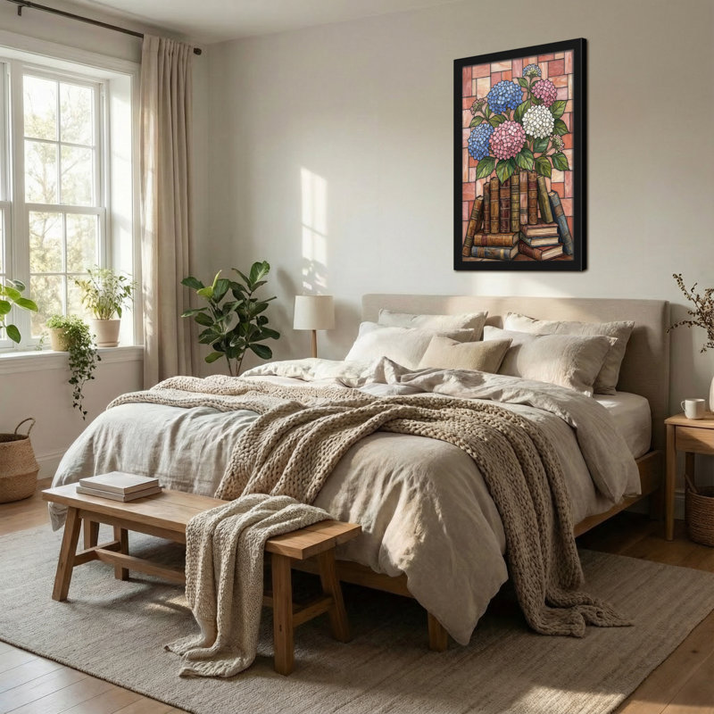 Arrangement floral de plantes et de fleurs sur fond de pile de livres, H 30 po x l 20 po