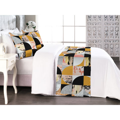Ambesonne Retro Bed Runner Set Quarter Circles Abstract Art Dark Yellow Charcoal Grey