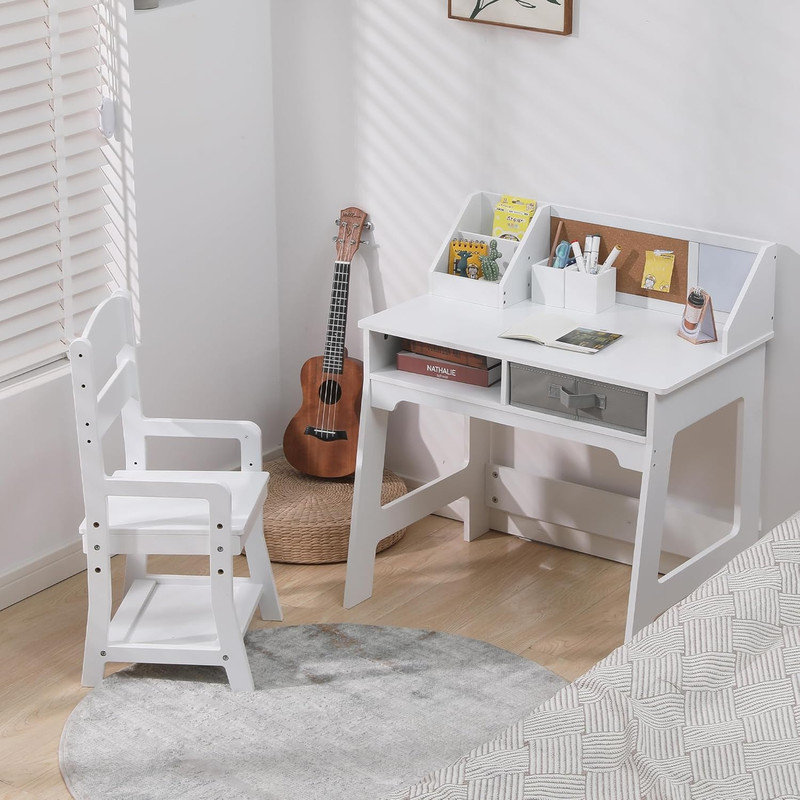 Ensemble de bureau et chaise en bois pour enfants avec huche de rangement, chaise réglable, babillard - table d'étude blanche
