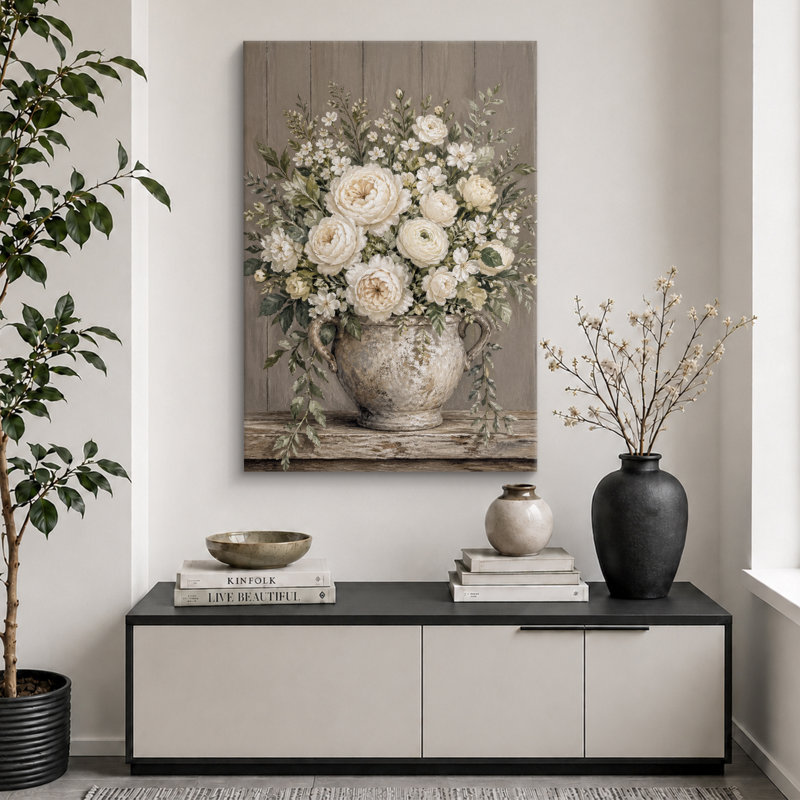 Ivoire, bouquet de roses dans un vase en pierre vieilli, images de salon, impression sur toile encadrée, Wrapped Canvas