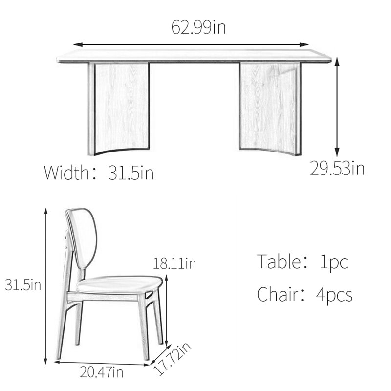 Ensemble de table de salle à manger en frêne, H 29,53 po x L 62,99 po x l 31,5 po