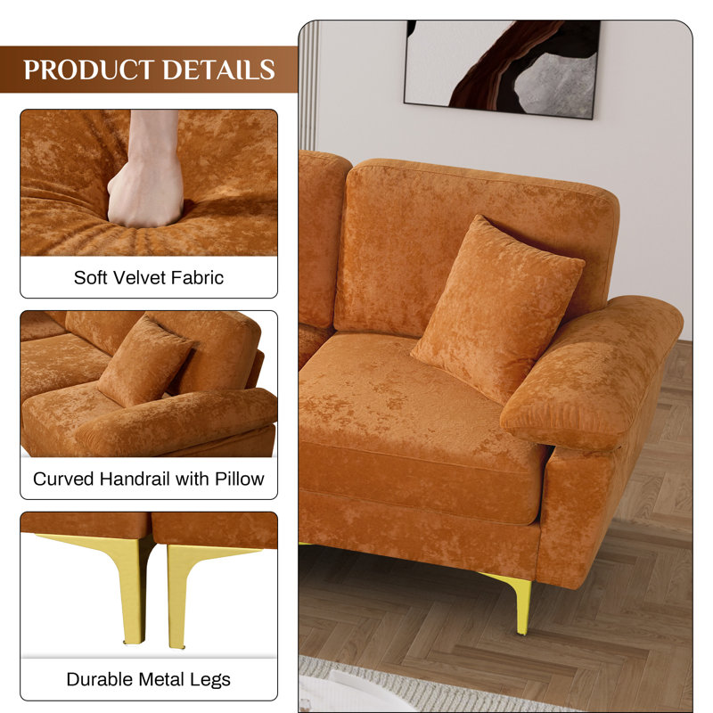 Canapé modulaire en forme de L de 91 pouces avec pieds en métal et velours flocon de neige, Polyester orange