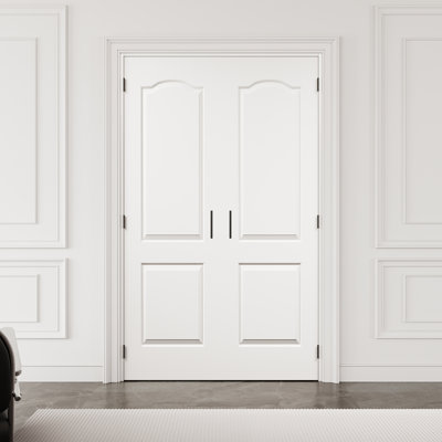 48" x 80" 2-Panel Molded Solid Interior French Door with Black Hardware & Ball Catch & Handle, Solid Core Door Slab, Paintable & Waterproof, Suit for Laundry, Closet Doors, Room Doors, Assembly Required