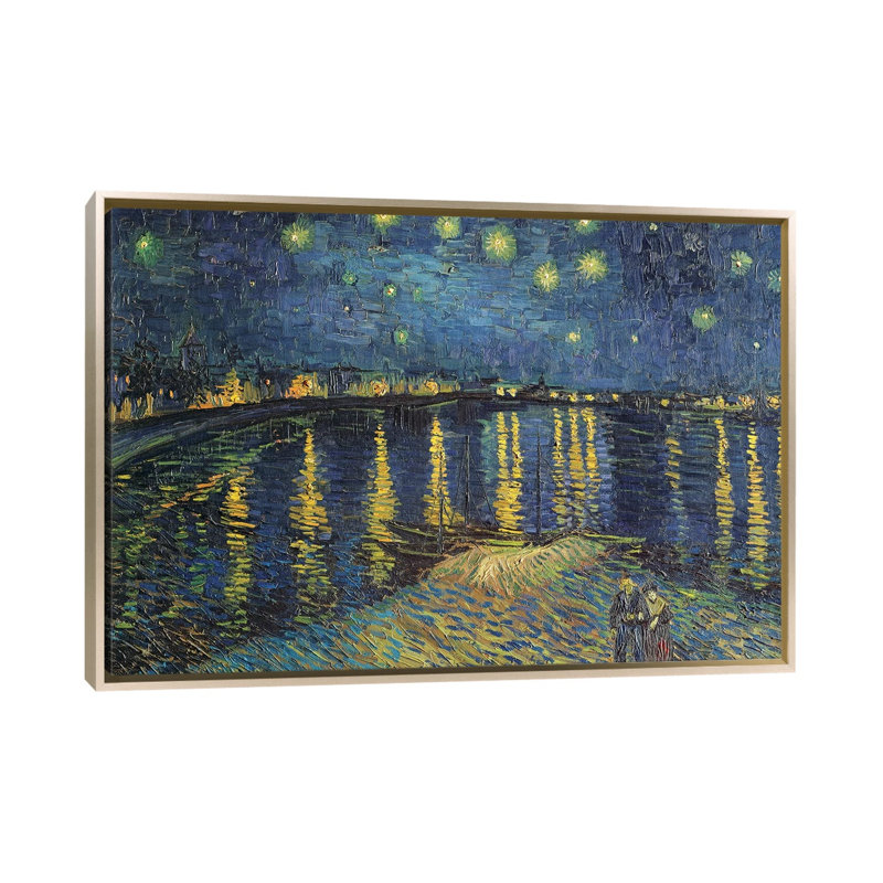 «Starry Night Over The Rhone», 1888 sur toile par Vincent Van Gogh, H 32 po x l 48 po x P 1,5 po, Encadrement champagne