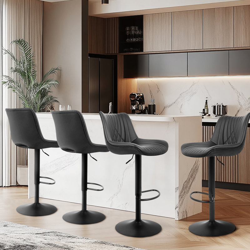 Ensemble de 4 tabourets de bar réglables modernes avec dossier en cuir synthétique, Noir