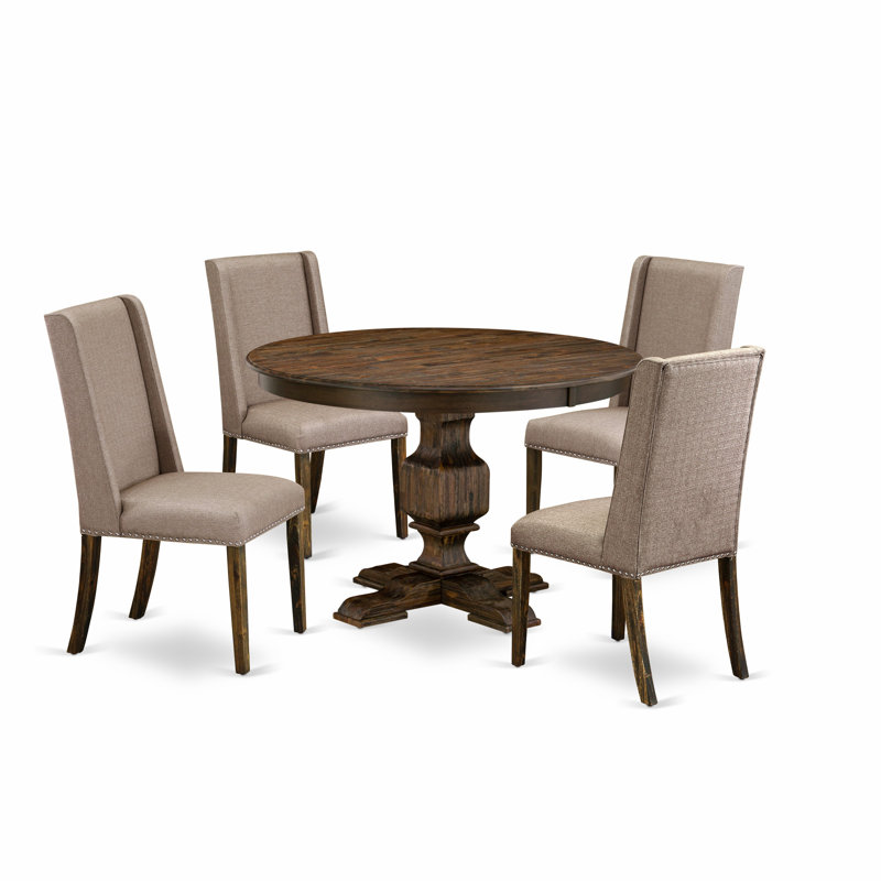 L'ensemble de salle à manger 5 pièces comprend une table de salle à manger ronde avec piédestal et 4 chaises Parson rembourrées en lin kaki foncé